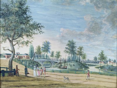 Eisenbahnbrücke, Parc du Raincy (Der Herzog und die Herzogin von Chartres auf dem Weg zur Orangerie) von Louis Carrogis dit Carmontelle